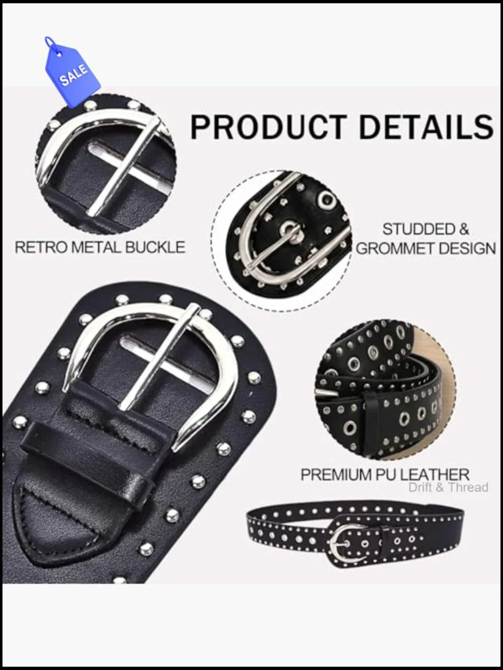 Chunky Studded Belt with Silver Rivets Punk Waist Belt for Jeans Dresses Concert